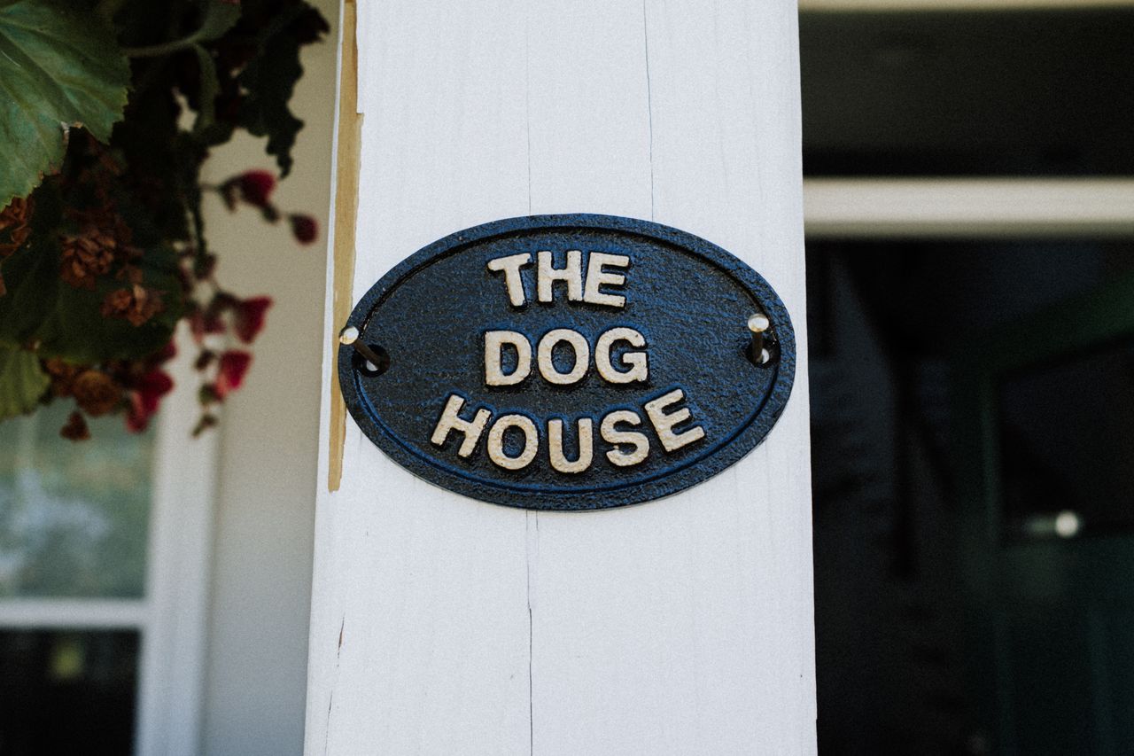 Close-up of a rustic 'The Dog House' sign on a white wooden post with foliage.